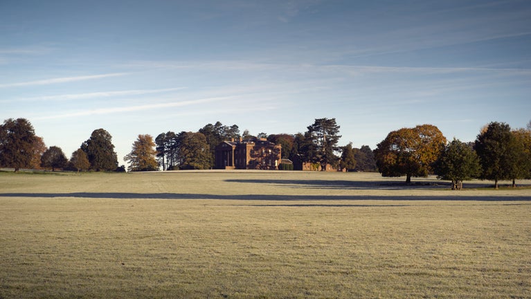 View of Berrington Hall from across silvery grey lawn
